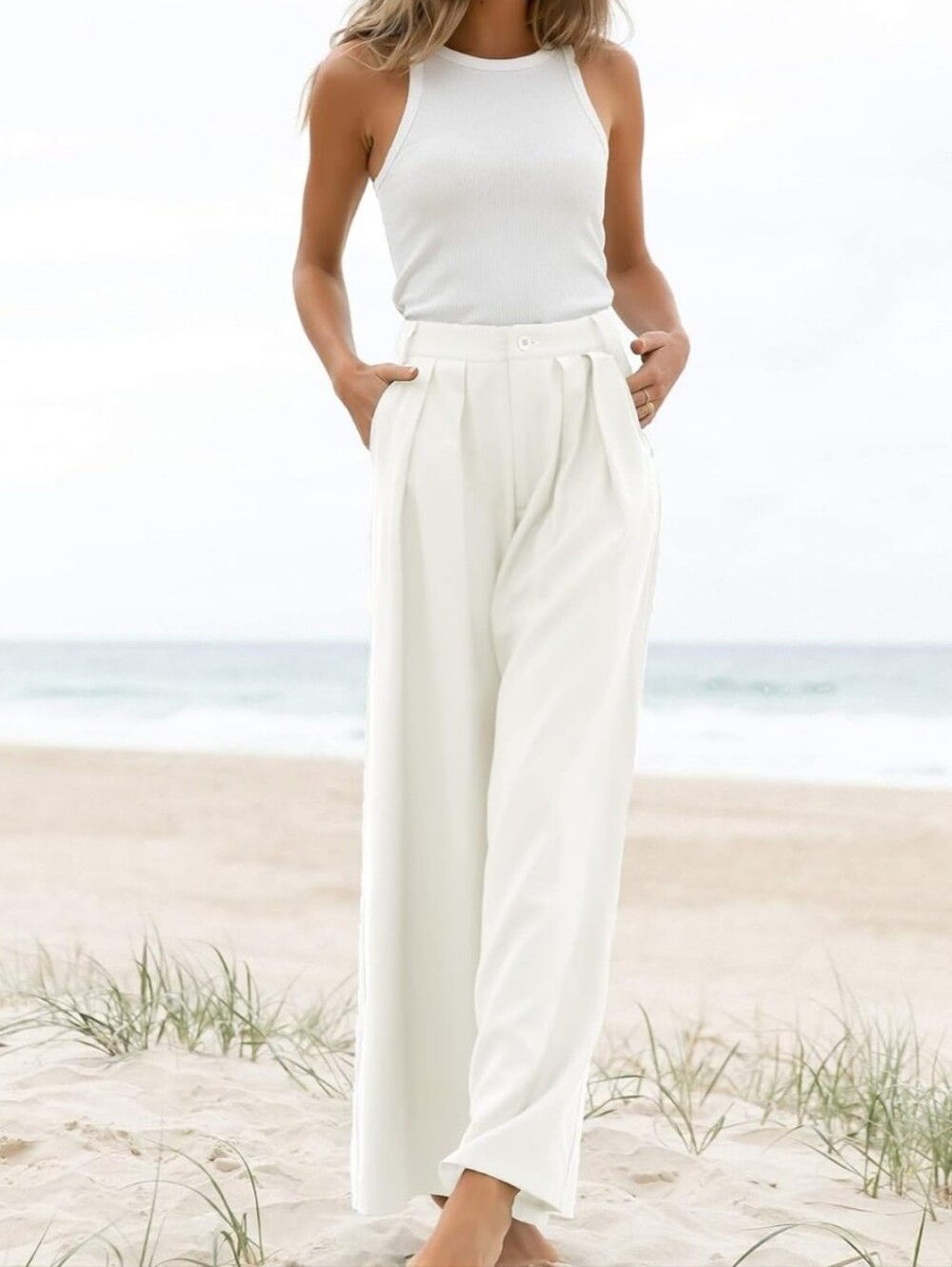 White Wide-Leg High-Waist Trousers Pleated Relaxed Fit Size 14 Womens Palazzo - Picture 7 of 13